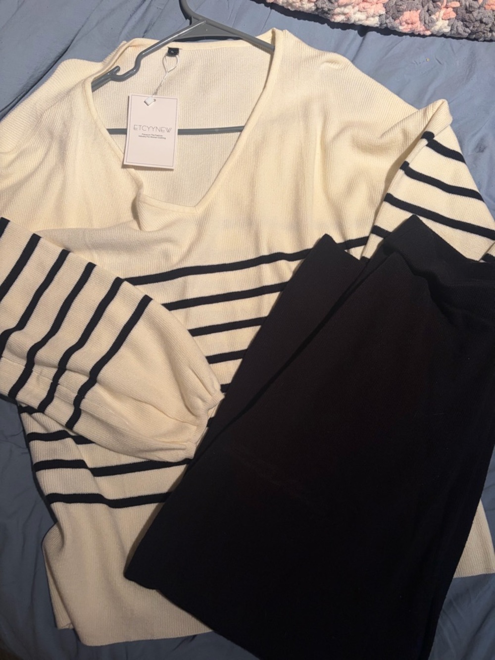 ETCYNW Wide Leg Pants in Black with Cream & Navy Striped Top, lightweight.